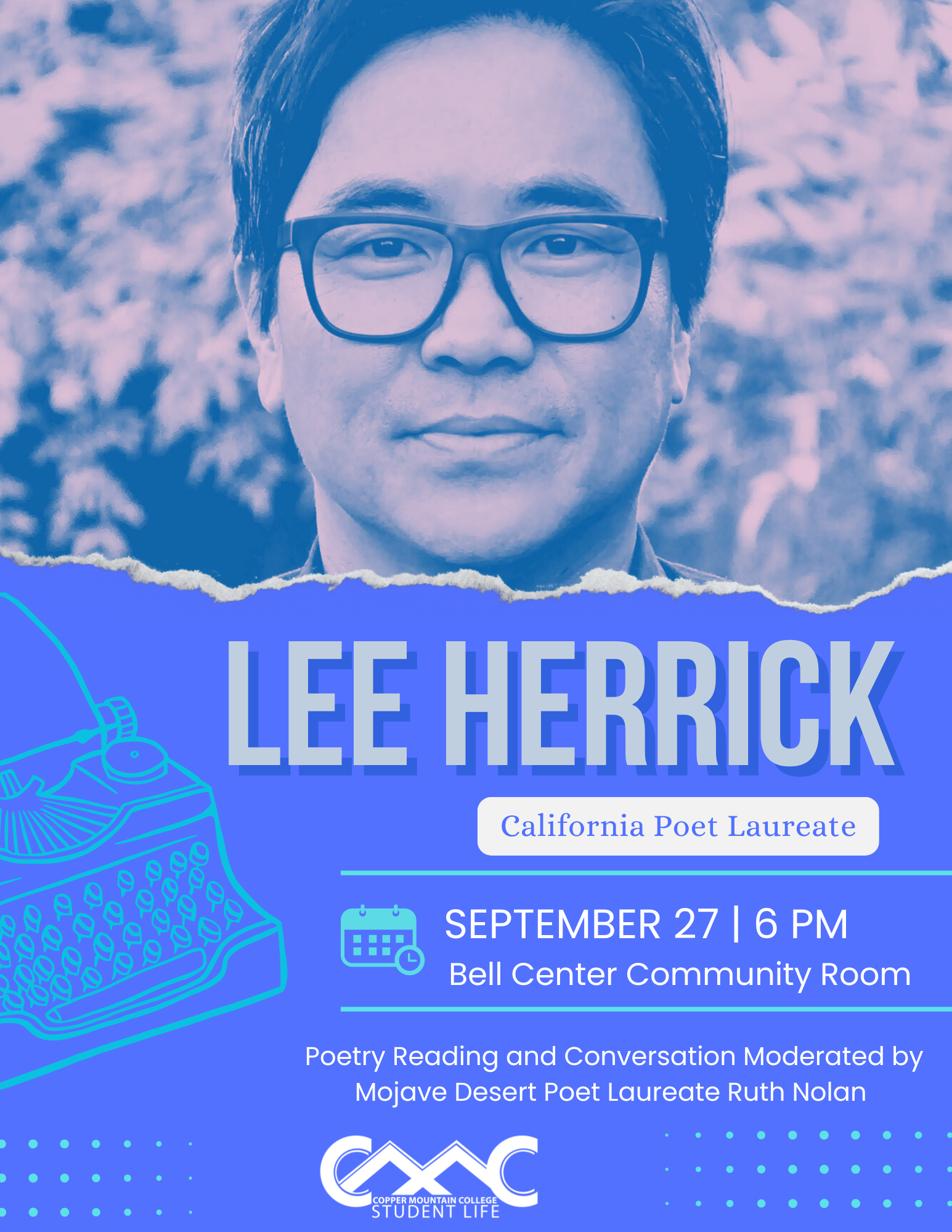 A monochromatic blue flyer features a portrait photograph of poet Lee Herrick.