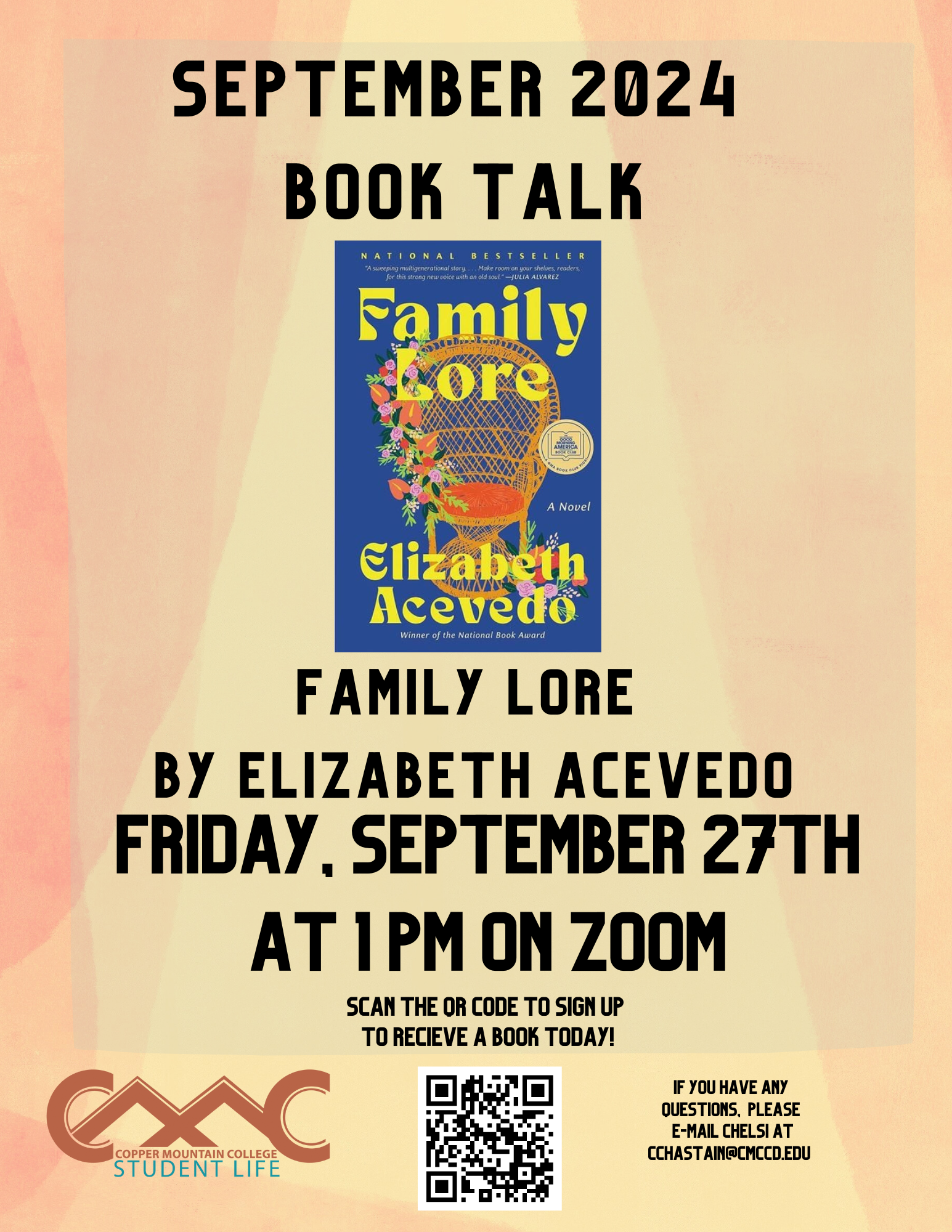 A flyer that includes the cover image of the novel "Family Lore" by Elizabeth Acevedo.