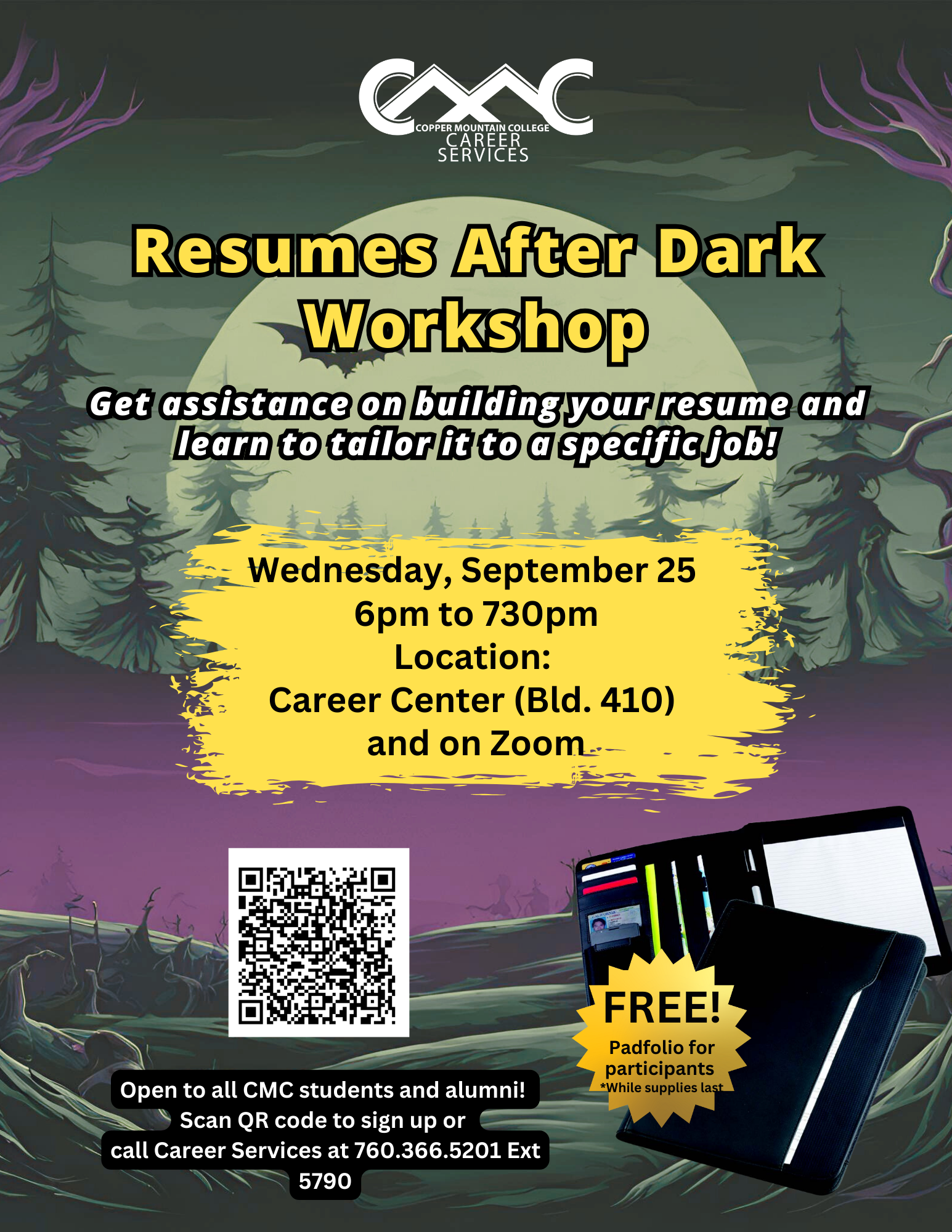 A spooky themed flyer advertises a workshop for students to improve their resumes.