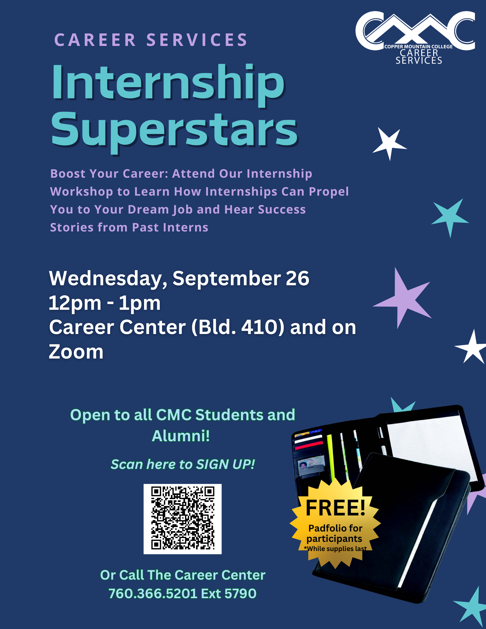 A blue flyer advertising an internship workshop, complete with portfolios available for participating students,.