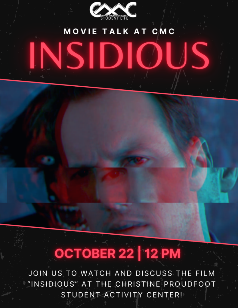 A glitched still from the film "INSIDIOUS" on a black flyer background.