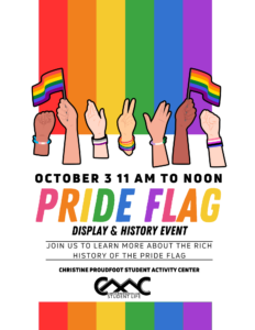 A flyer with a rainbow background.