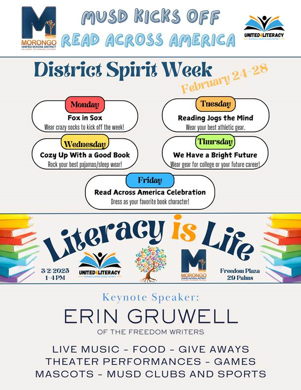 Flyer for MUSD's Literacy is Life event on March 2, 2025.